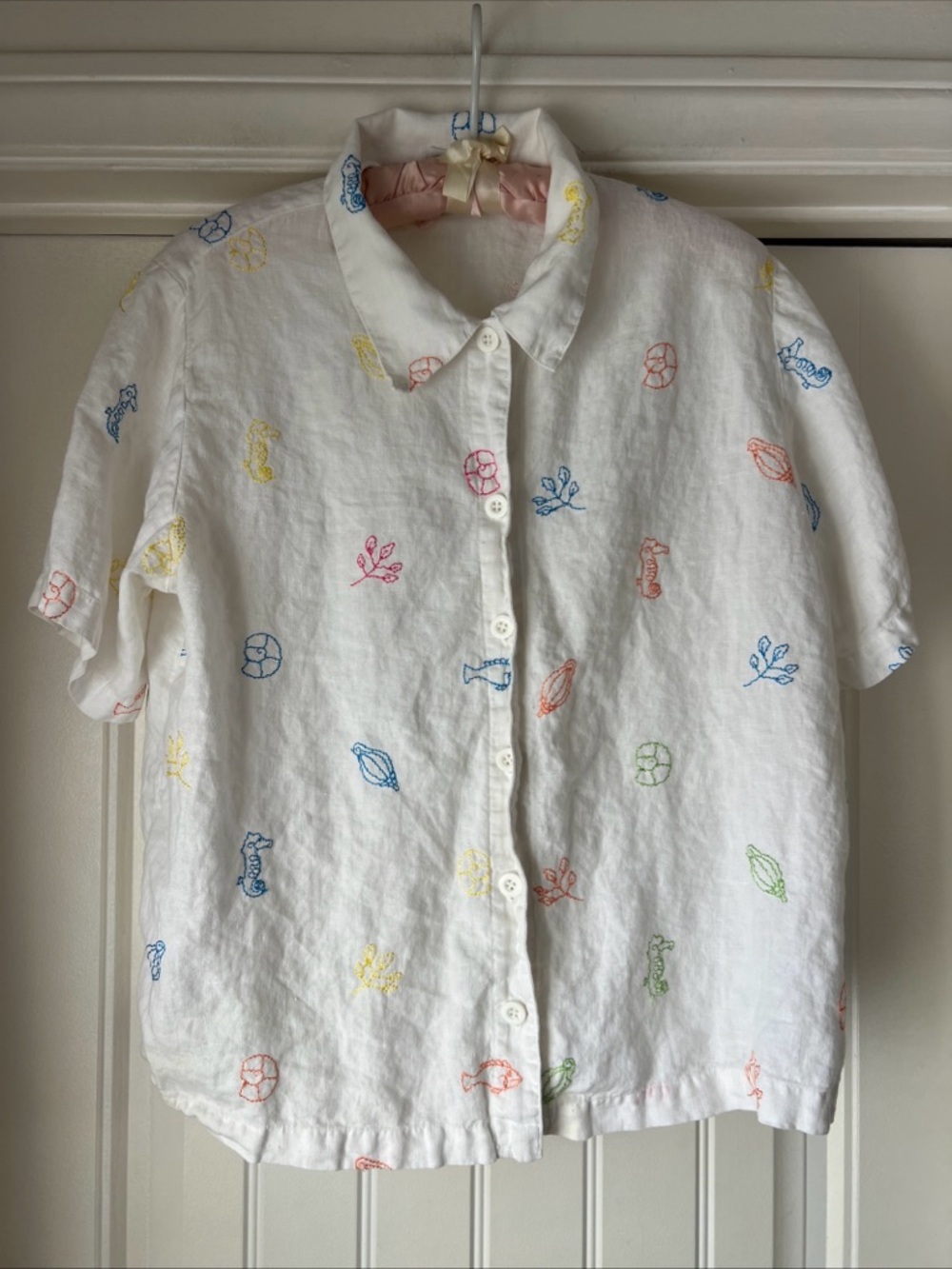 Vtg 90s Johnny Was “T Shirt” Cotton Button Down Nautical Embroidery USA Made M